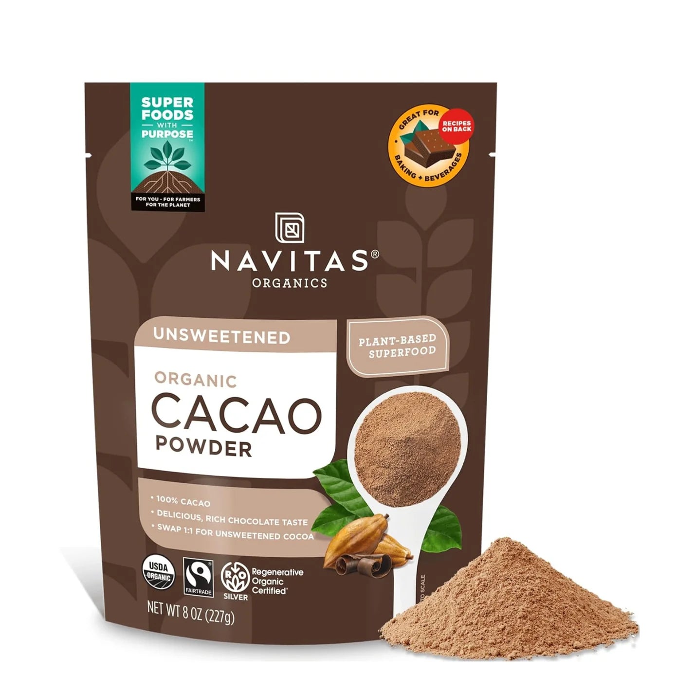 مسحوق الكاكاو العضوي غير المحلى من نافيتاس أورغانيكس – 227جم